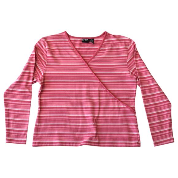 Y2K Pink Striped V-Neck Tee, Size XL - Retro Indie Fashion - Picture 1 of 4